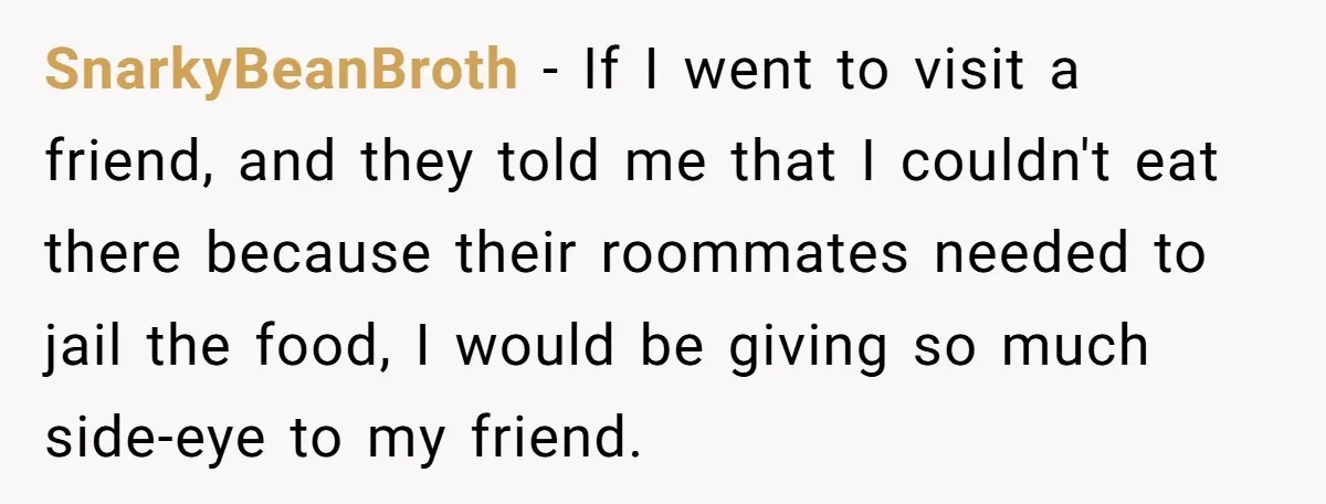 SnarkyBeanBroth − If I went to visit a friend, and they told me that I couldn't eat there because their roommates needed to jail the food, I would be giving...