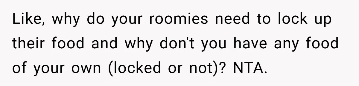 Like, why do your roomies need to lock up their food and why don't you have any food of your own (locked or not)? NTA.