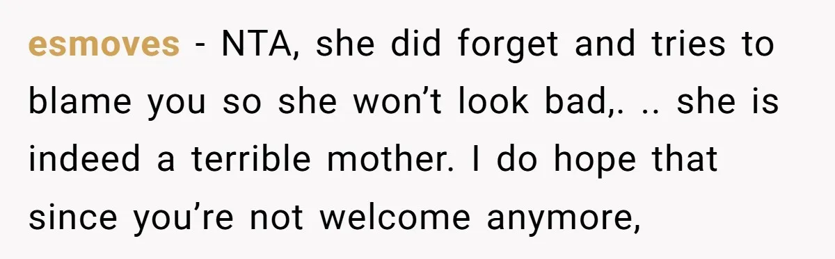 esmoves − NTA, she did forget and tries to blame you so she won’t look bad,. .. she is indeed a terrible mother. I do hope that since you’re not...