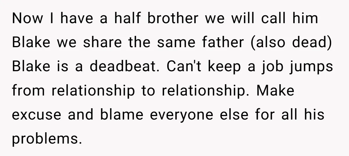 Now I have a half brother we will call him Blake we share the same father (also dead) Blake is a deadbeat. Can't keep a job jumps from relationship to...