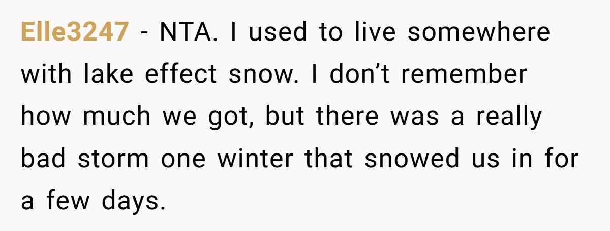 Elle3247 − NTA. I used to live somewhere with lake effect snow. I don’t remember how much we got, but there was a really bad storm one winter that snowed...