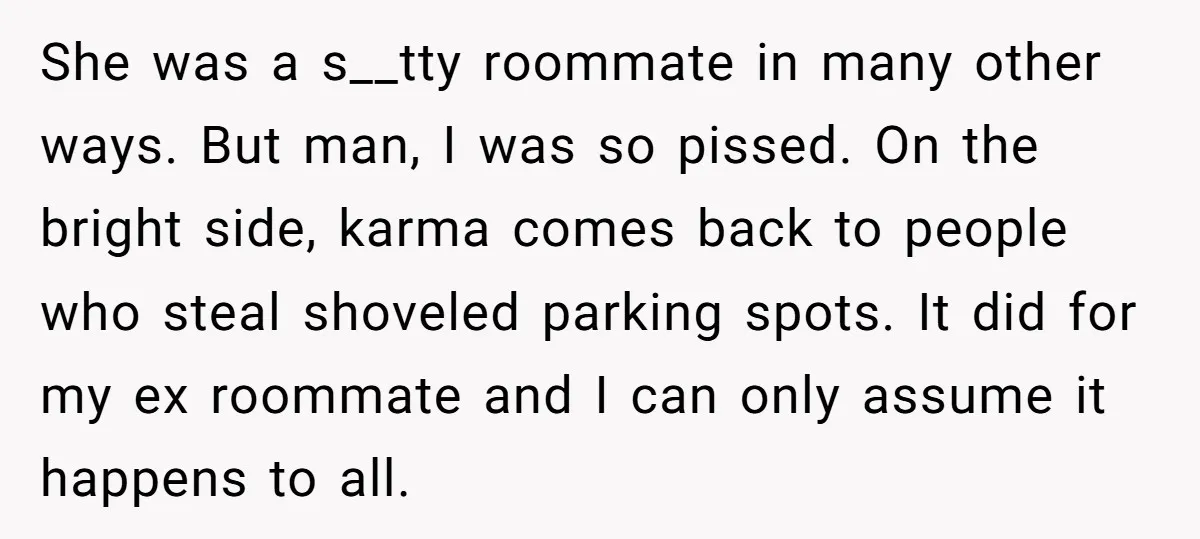She was a s__tty roommate in many other ways. But man, I was so pissed. On the bright side, karma comes back to people who steal shoveled parking spots. It...