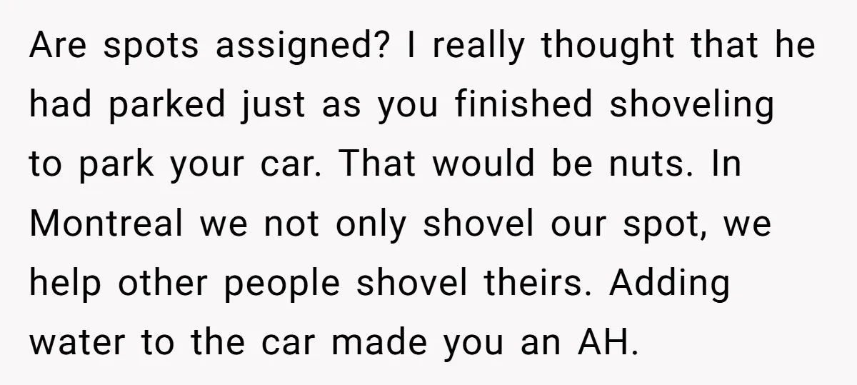Are spots assigned? I really thought that he had parked just as you finished shoveling to park your car. That would be nuts. In Montreal we not only shovel our...