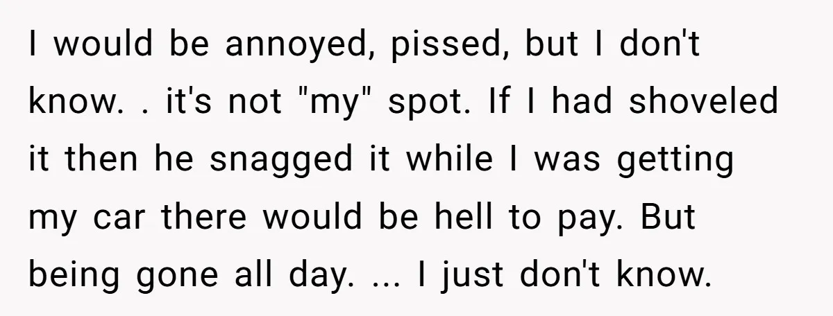 I would be annoyed, pissed, but I don't know. . it's not "my" spot. If I had shoveled it then he snagged it while I was getting my car there...