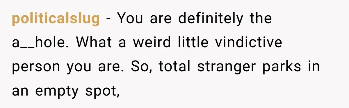 politicalslug − You are definitely the a__hole. What a weird little vindictive person you are. So, total stranger parks in an empty spot,