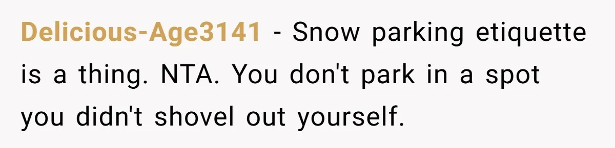 Delicious-Age3141 − Snow parking etiquette is a thing. NTA. You don't park in a spot you didn't shovel out yourself.