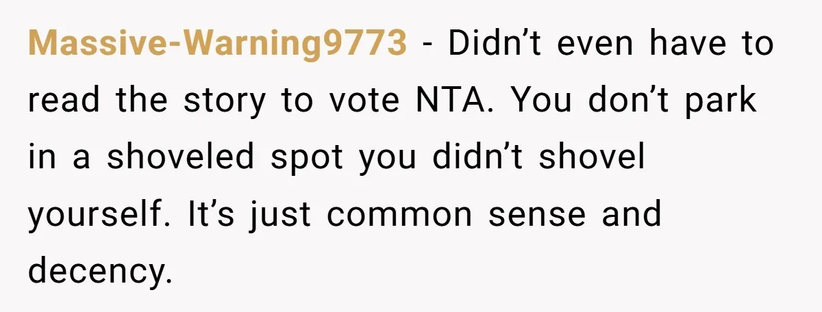 Massive-Warning9773 − Didn’t even have to read the story to vote NTA. You don’t park in a shoveled spot you didn’t shovel yourself. It’s just common sense and decency.