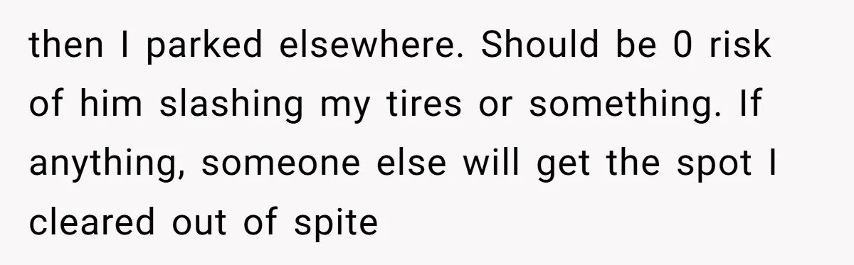 then I parked elsewhere. Should be 0 risk of him slashing my tires or something. If anything, someone else will get the spot I cleared out of spite