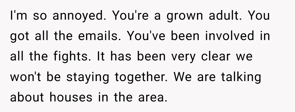 I'm so annoyed. You're a grown adult. You got all the emails. You've been involved in all the fights. It has been very clear we won't be staying together. We...