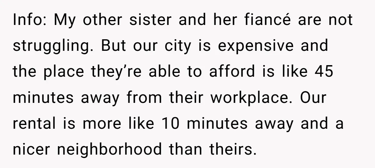 Info: My other sister and her fiancé are not struggling. But our city is expensive and the place they’re able to afford is like 45 minutes away from their workplace....