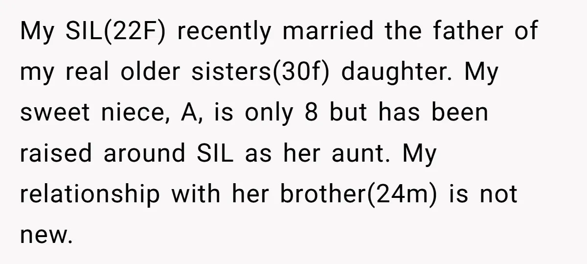 My SIL(22F) recently married the father of my real older sisters(30f) daughter. My sweet niece, A, is only 8 but has been raised around SIL as her aunt. My relationship...
