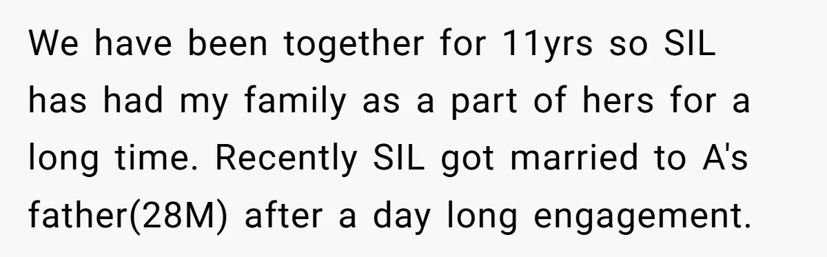 We have been together for 11yrs so SIL has had my family as a part of hers for a long time. Recently SIL got married to A's father(28M) after a...