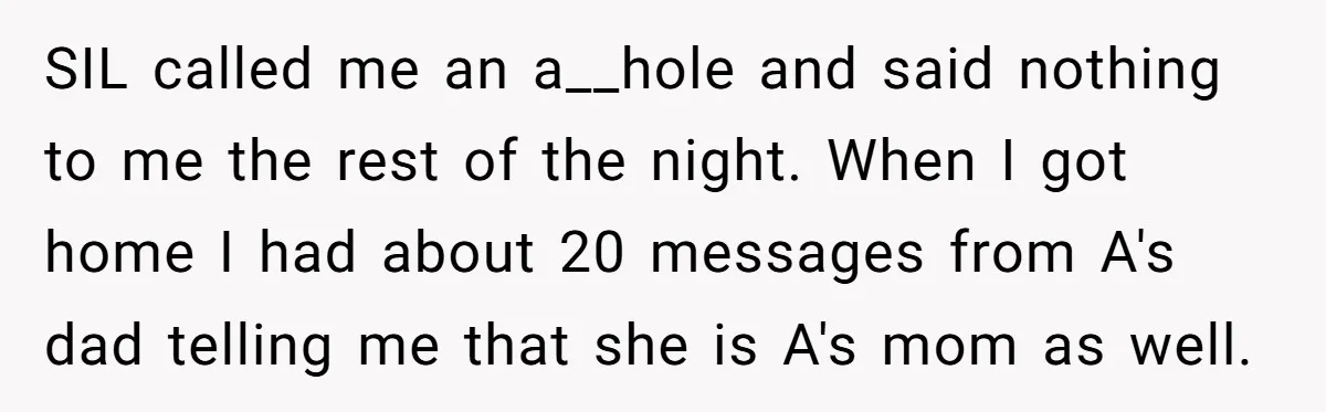 SIL called me an a__hole and said nothing to me the rest of the night. When I got home I had about 20 messages from A's dad telling me that...