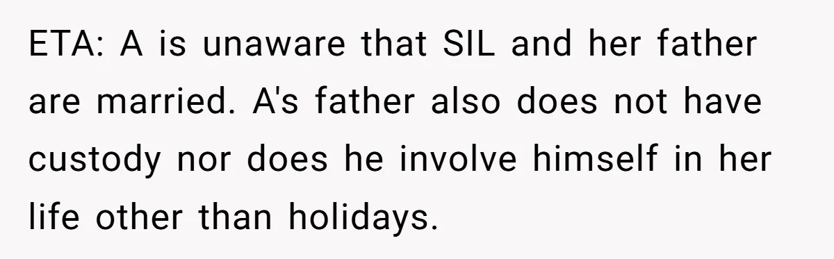 ETA: A is unaware that SIL and her father are married. A's father also does not have custody nor does he involve himself in her life other than holidays.