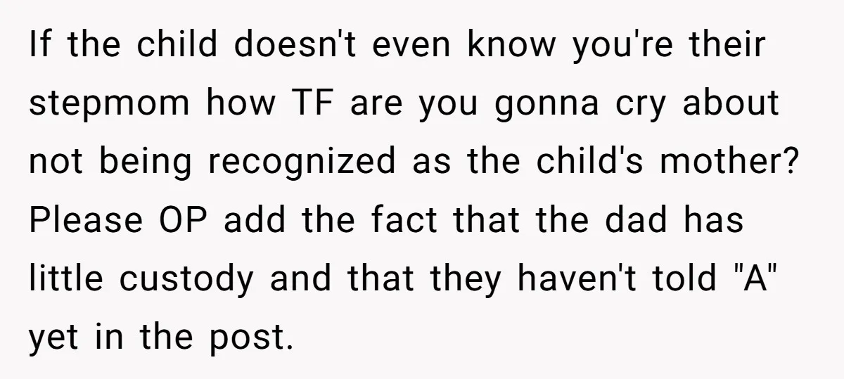 If the child doesn't even know you're their stepmom how TF are you gonna cry about not being recognized as the child's mother? Please OP add the fact that the...
