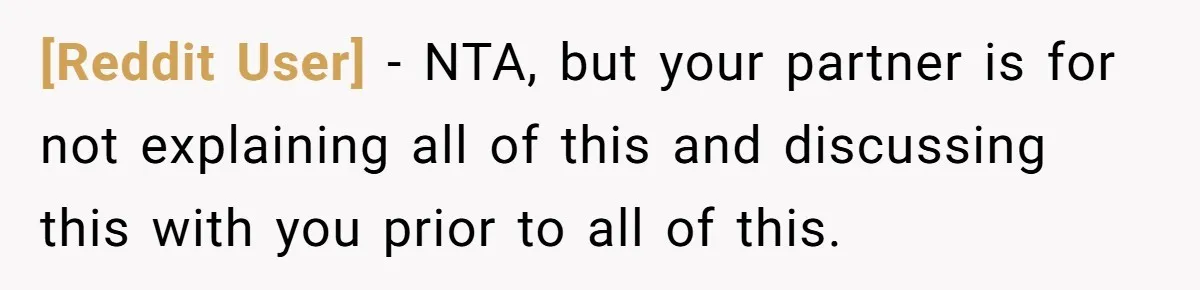 [Reddit User] − NTA, but your partner is for not explaining all of this and discussing this with you prior to all of this.