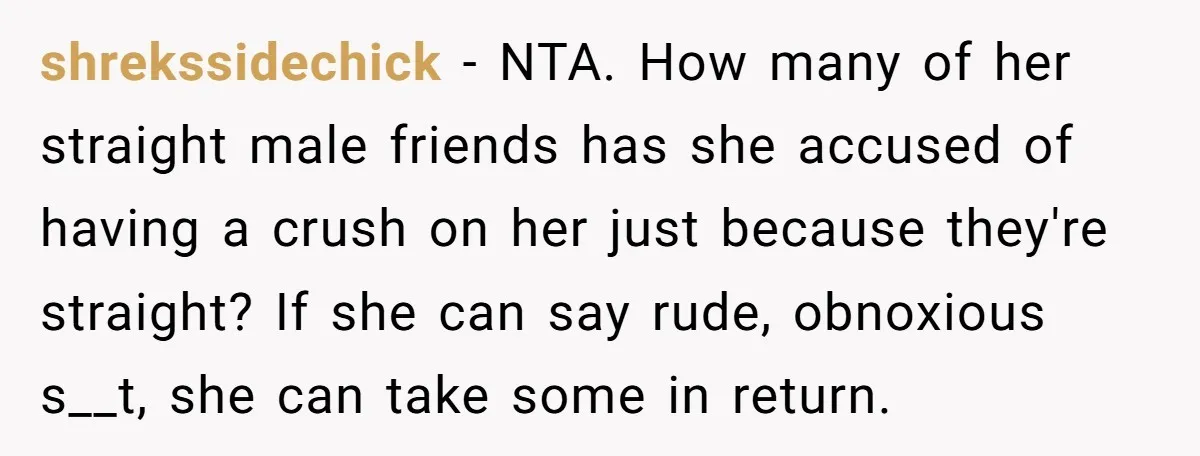 shrekssidechick − NTA. How many of her straight male friends has she accused of having a crush on her just because they're straight? If she can say rude, obnoxious s__t,...