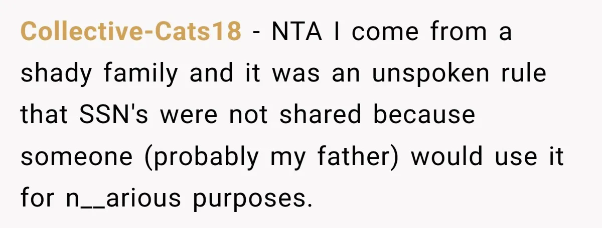 Collective-Cats18 − NTA I come from a shady family and it was an unspoken rule that SSN's were not shared because someone (probably my father) would use it for n__arious...