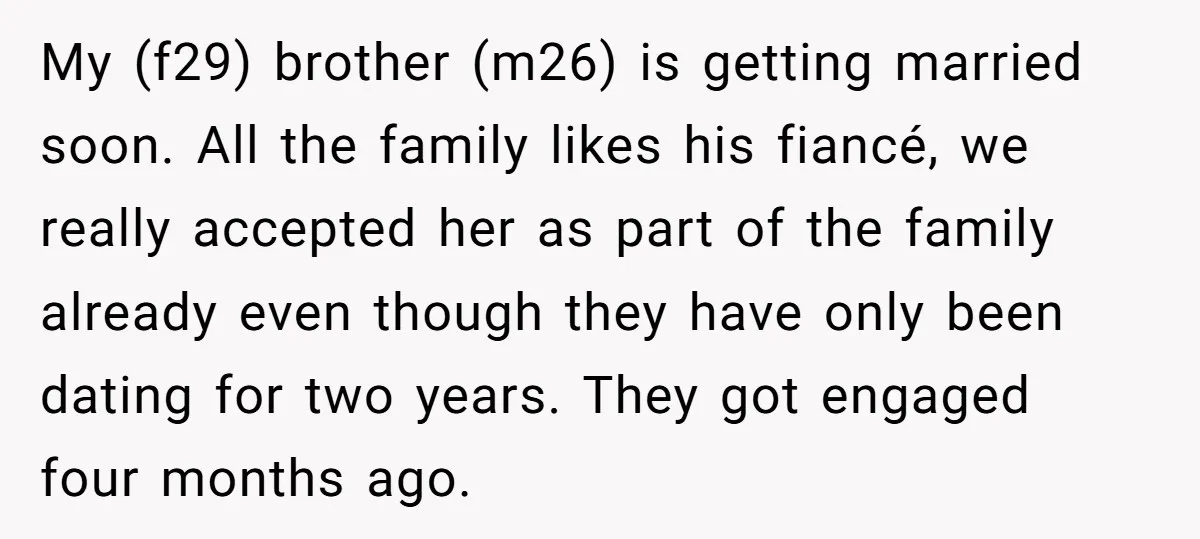 My (f29) brother (m26) is getting married soon. All the family likes his fiancé, we really accepted her as part of the family already even though they have only been...