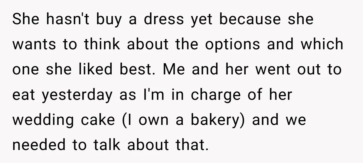 She hasn't buy a dress yet because she wants to think about the options and which one she liked best. Me and her went out to eat yesterday as I'm...