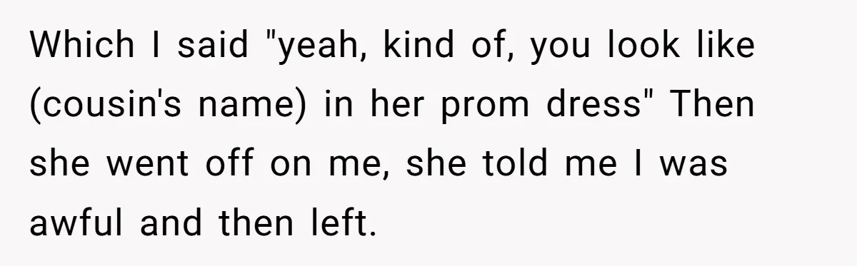 Which I said "yeah, kind of, you look like (cousin's name) in her prom dress" Then she went off on me, she told me I was awful and then left.