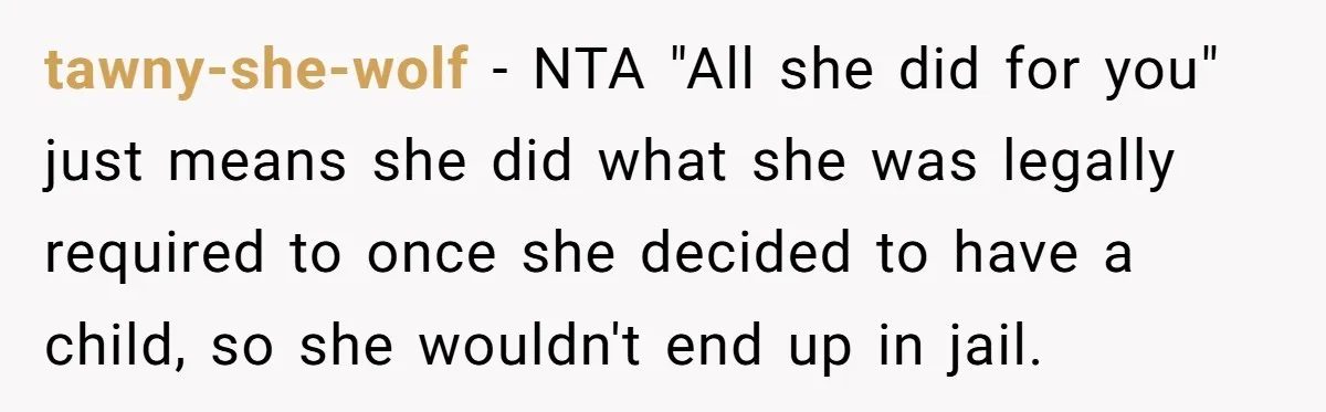 tawny-she-wolf − NTA "All she did for you" just means she did what she was legally required to once she decided to have a child, so she wouldn't end up...