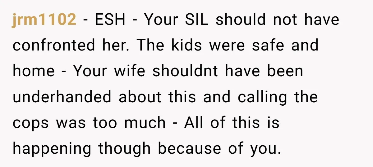 jrm1102 - ESH - Your SIL should not have confronted her. The kids were safe and home - Your wife shouldnt have been underhanded about this and calling the cops...