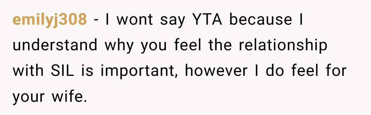 emilyj308 - I wont say YTA because I understand why you feel the relationship with SIL is important, however I do feel for your wife.