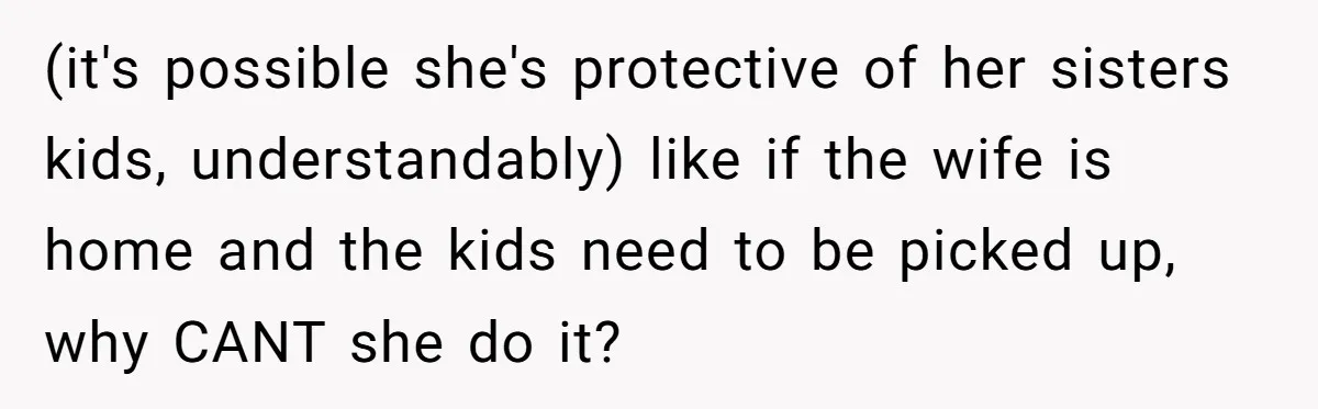 (it's possible she's protective of her sisters kids, understandably) like if the wife is home and the kids need to be picked up, why CANT she do it?