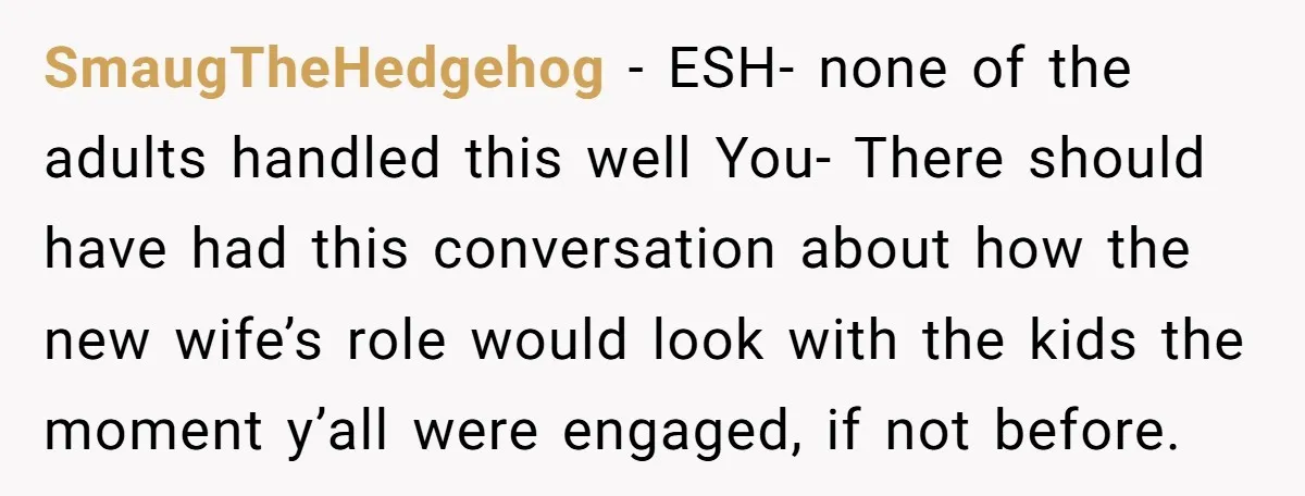 SmaugTheHedgehog - ESH- none of the adults handled this well You- There should have had this conversation about how the new wife’s role would look with the kids the moment...