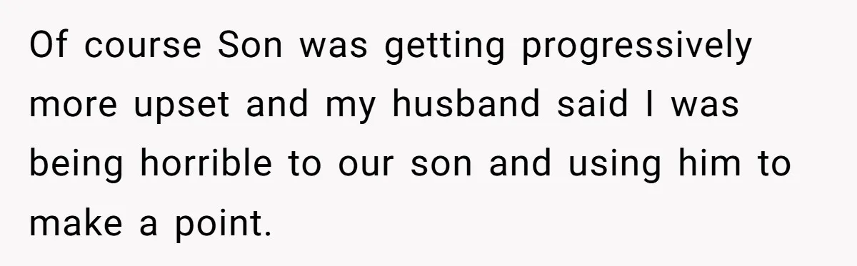 Of course Son was getting progressively more upset and my husband said I was being horrible to our son and using him to make a point.