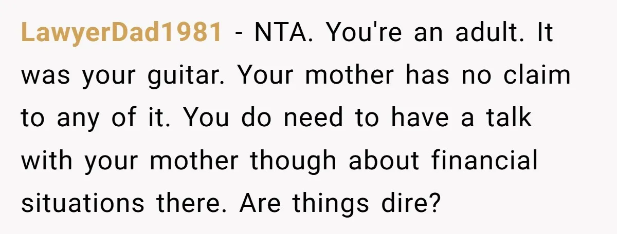 LawyerDad1981 − NTA. You're an adult. It was your guitar. Your mother has no claim to any of it. You do need to have a talk with your mother though...