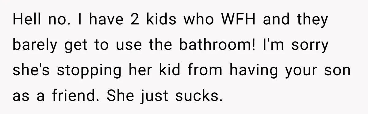 Hell no. I have 2 kids who WFH and they barely get to use the bathroom! I'm sorry she's stopping her kid from having your son as a friend. She...