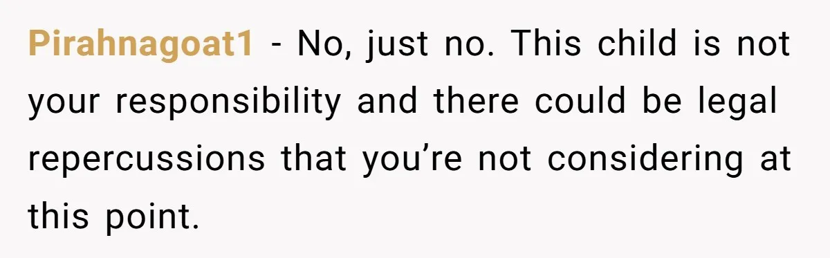 Pirahnagoat1 − No, just no. This child is not your responsibility and there could be legal repercussions that you’re not considering at this point.