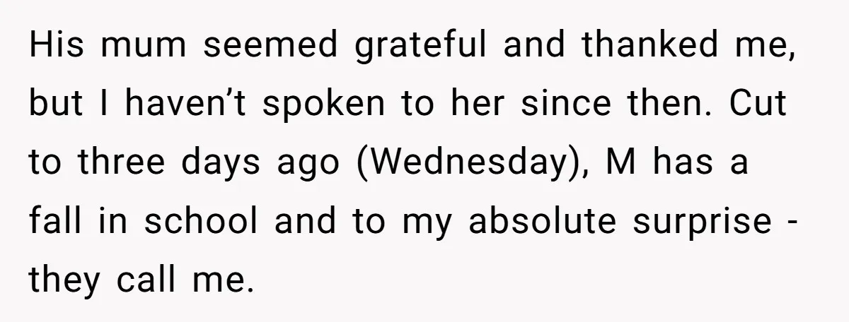 His mum seemed grateful and thanked me, but I haven’t spoken to her since then. Cut to three days ago (Wednesday), M has a fall in school and to my...