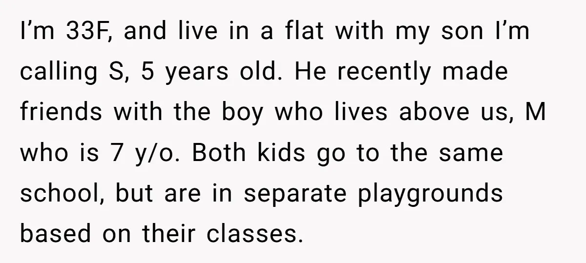 I’m 33F, and live in a flat with my son I’m calling S, 5 years old. He recently made friends with the boy who lives above us, M who is...