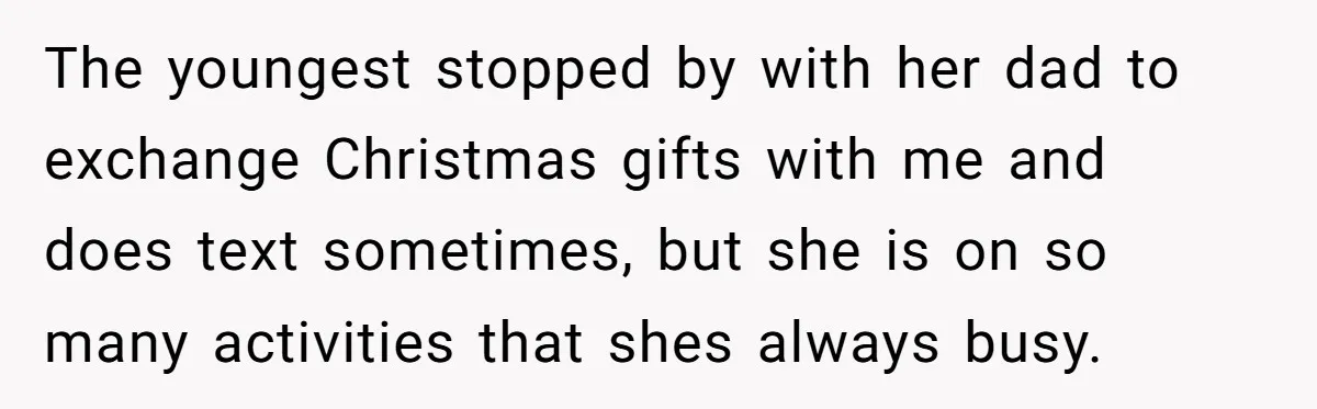 The youngest stopped by with her dad to exchange Christmas gifts with me and does text sometimes, but she is on so many activities that shes always busy.