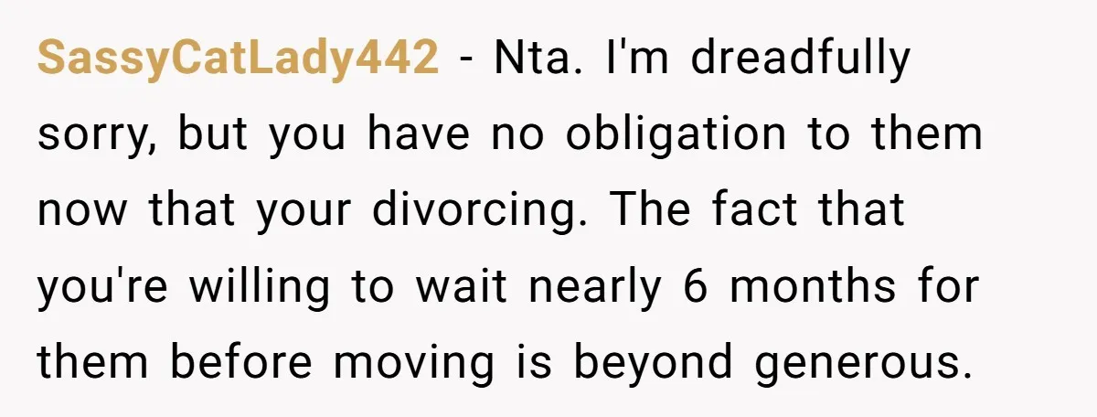 SassyCatLady442 − Nta. I'm dreadfully sorry, but you have no obligation to them now that your divorcing. The fact that you're willing to wait nearly 6 months for them before...