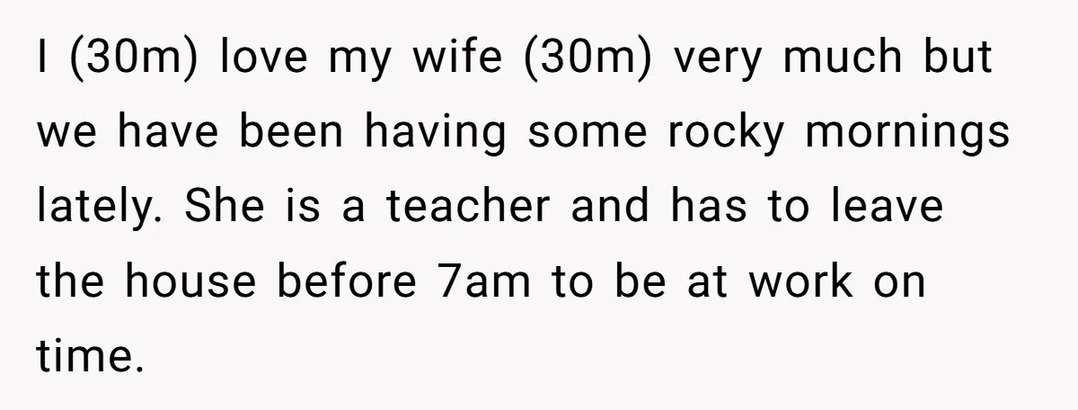 I (30m) love my wife (30m) very much but we have been having some rocky mornings lately. She is a teacher and has to leave the house before 7am to...