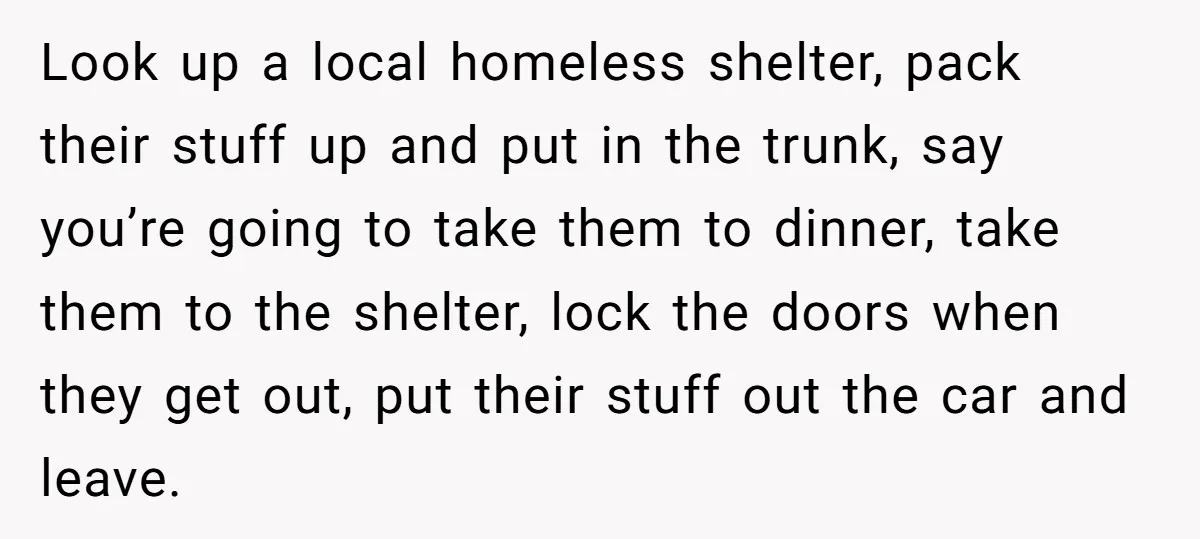 Look up a local homeless shelter, pack their stuff up and put in the trunk, say you’re going to take them to dinner, take them to the shelter, lock the...