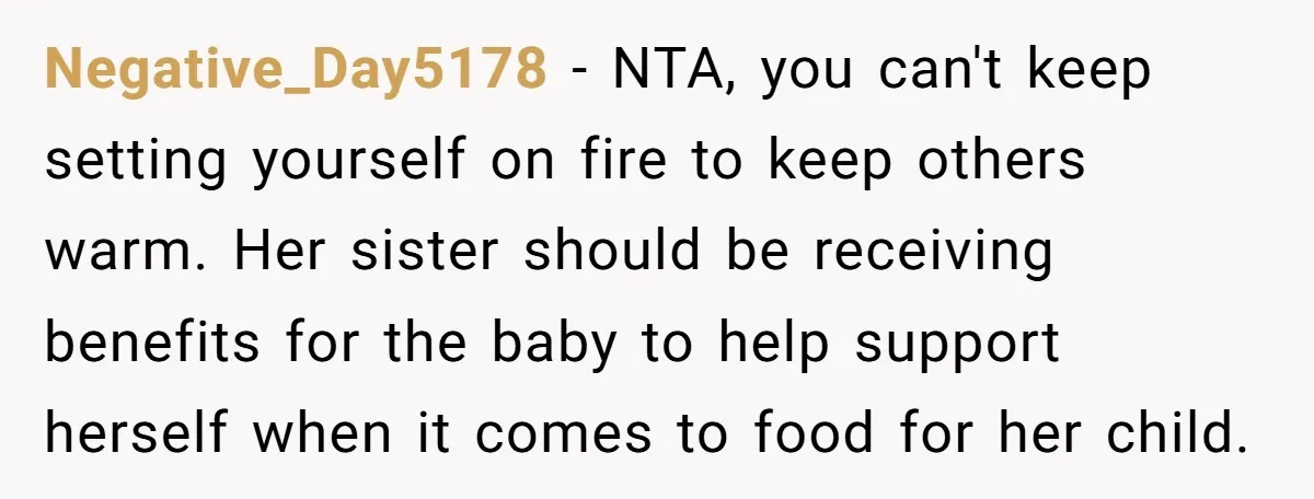Negative_Day5178 − NTA, you can't keep setting yourself on fire to keep others warm. Her sister should be receiving benefits for the baby to help support herself when it comes...