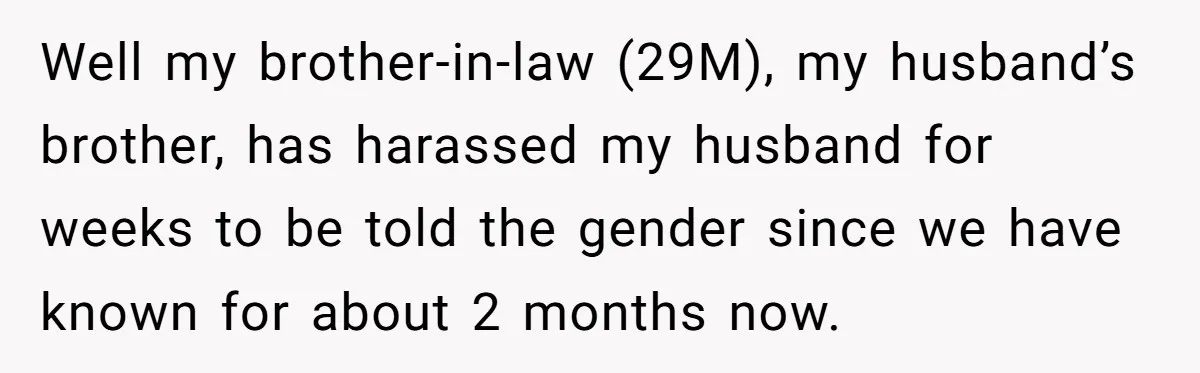 Well my brother-in-law (29M), my husband’s brother, has harassed my husband for weeks to be told the gender since we have known for about 2 months now.
