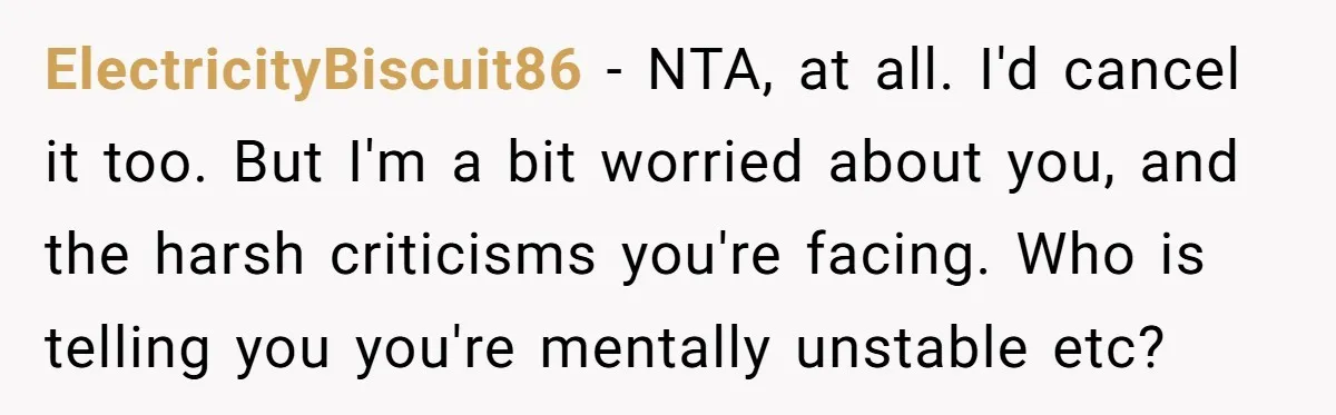 ElectricityBiscuit86 − NTA, at all. I'd cancel it too. But I'm a bit worried about you, and the harsh criticisms you're facing. Who is telling you you're mentally unstable etc?