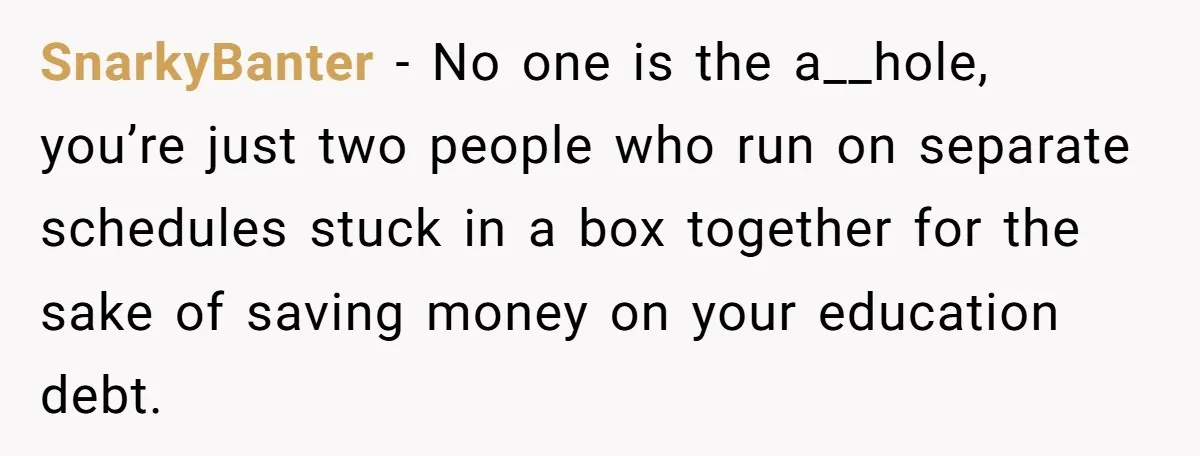 SnarkyBanter − No one is the a__hole, you’re just two people who run on separate schedules stuck in a box together for the sake of saving money on your education...