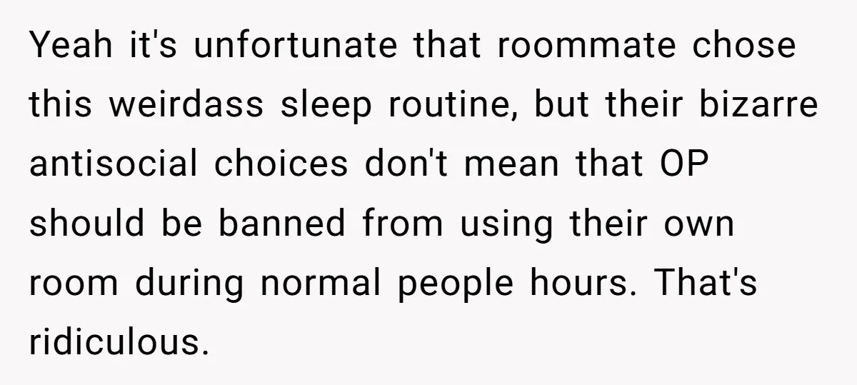 Yeah it's unfortunate that roommate chose this weirdass sleep routine, but their bizarre antisocial choices don't mean that OP should be banned from using their own room during normal people...