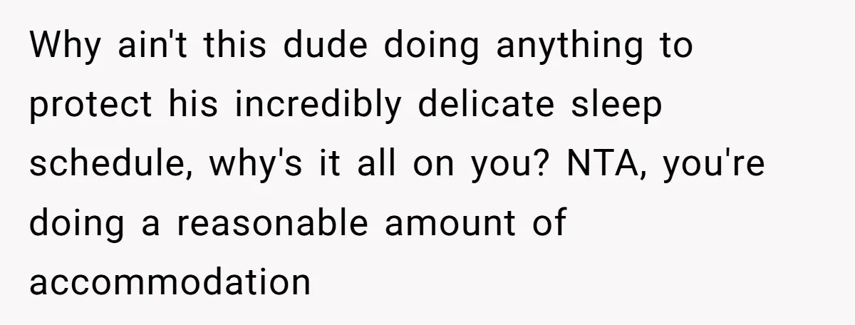 Why ain't this dude doing anything to protect his incredibly delicate sleep schedule, why's it all on you? NTA, you're doing a reasonable amount of accommodation