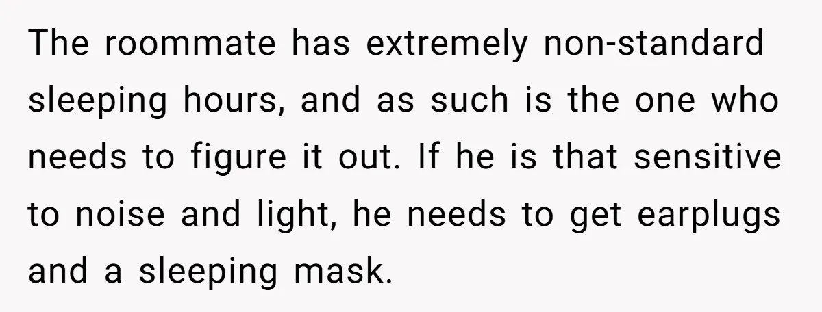 The roommate has extremely non-standard sleeping hours, and as such is the one who needs to figure it out. If he is that sensitive to noise and light, he needs...