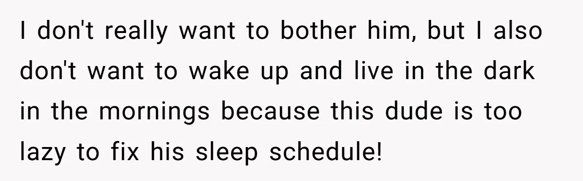 I don't really want to bother him, but I also don't want to wake up and live in the dark in the mornings because this dude is too lazy to...