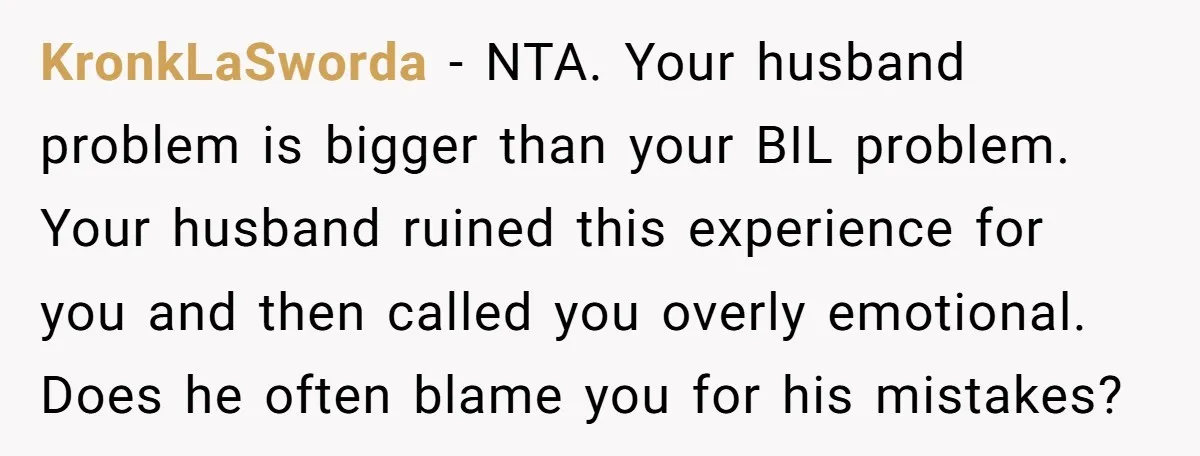 KronkLaSworda − NTA. Your husband problem is bigger than your BIL problem. Your husband ruined this experience for you and then called you overly emotional. Does he often blame you...