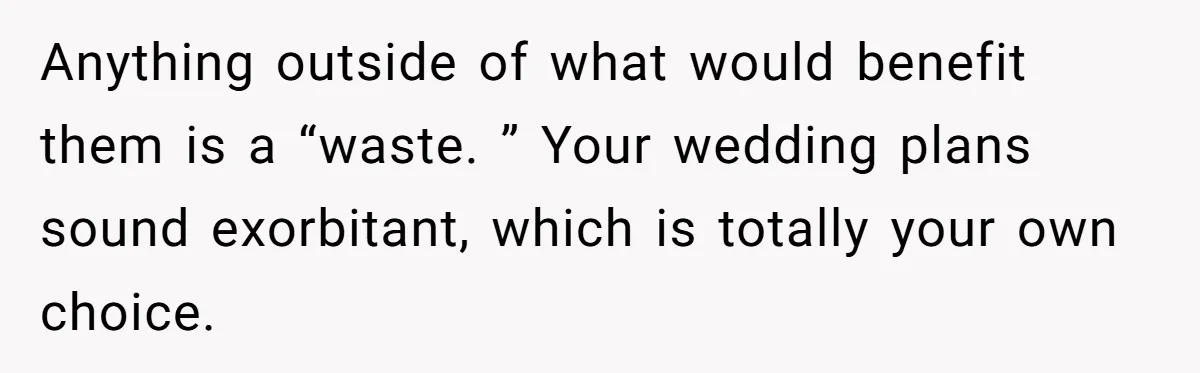 Anything outside of what would benefit them is a “waste. ” Your wedding plans sound exorbitant, which is totally your own choice.